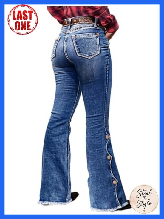 Denim - Flamingals Buttoned Hem Bootcut Jeans High Stretch Mid Rise Casual Pants